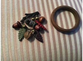 Two Wooden Pieces Including Bangle And An Eight Charm Nature Focused Pin -Lot #19