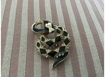 Signed Gold Tone And Rhinestone Serpent Pin