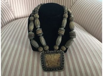Beaded And Silver Earth Tone Double Strand Necklace