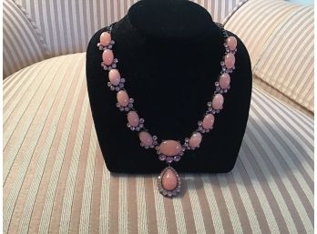 Signed SNK Peach And Rhinestone Necklace With Cabochon Drop - Lot #6