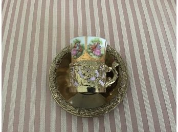 Pink Bone China And Gold Ormillou Cup And Saucer Three Piece Set