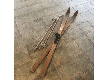 Vintage Wooden Skis With Poles