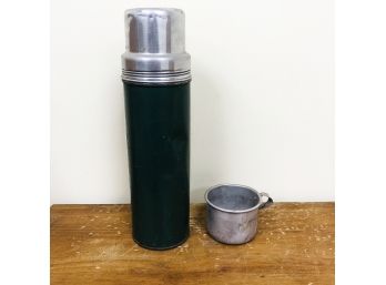 Vintage Globe Metal Thermos Bottle With Cork Top And Tin Cup
