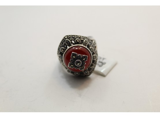 Sterling Silver Red Agate And Marcasite Ring