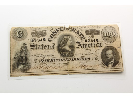 Confederate States Of America 100 Dollar Note