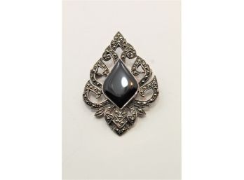 Sterling Silver Onyx Marcasite Pin Brooch Pendant