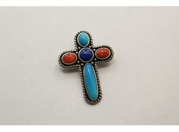 Sterling Silver Turquoise Cross Pendant Brooch Pin Dh