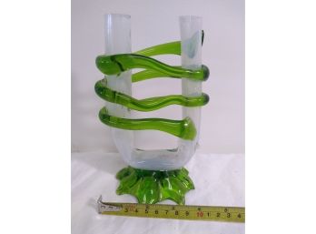Stunning Art Glass Double Bud Vase Green And White