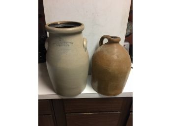 2 Piece Of Antique American Stoneware Inc. Bangor Maine Churn