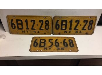 3 Antique New York License Plates .  1935 And Pr Match 1941