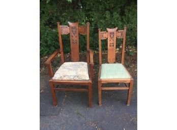 Or. Mission Oak Chairs . Carved Back .
