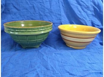 Two Country Mixing Bowls Yellowware And Green