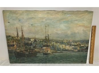 Original Oil On Canvas Painting Of Gloucester Harbor By Listed Artist Oscar Anderson 16' By 24'