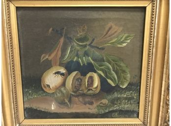 Antique 1892 Signed Oil On Canvas Painting Still Life Fruit And Insects