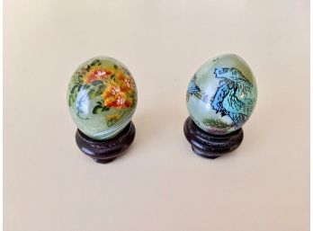 Two Hand Painted Miniature Jade Eggs On Stands - Vintage