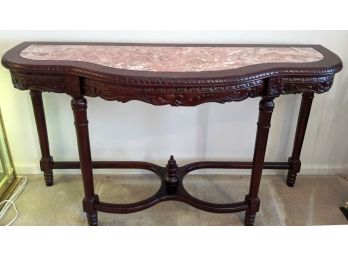 Carved Rosewood  Console Table With Pink Marble Top