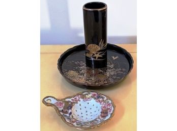 Nippon Style Hand Painted Porcelain Tea Strainer, Pillar Vase With Nautical Scene And Floral Platter