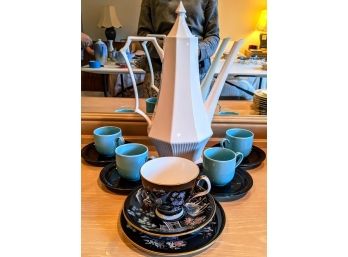 5 Mixed Color And Decorative Asian Black And Blue Coffee Cup Set With Coffee Pot