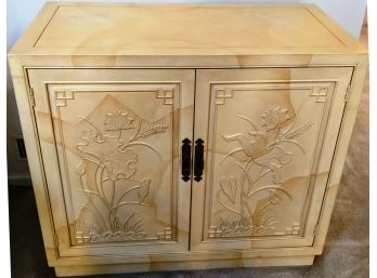 Exquisite Carved Lotus Flower Henredon Asian Cabinet With Adjustable Shelves And Drawer