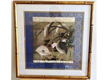 Embroidered Japanese Quail Textile Artwork With Bamboo Like Frame