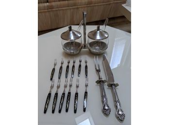 Cordova Stainless Lidded Glass Serving Bowls, Cocktail Forks And 2 Serving Utensils
