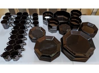 Mid Century Modern Black Glass Octagonal China Set From France - Huge Lot