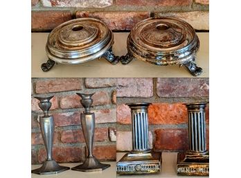 3 Unusual Antique Candle Holders One Art Deco, One Early American, All Silver Plate