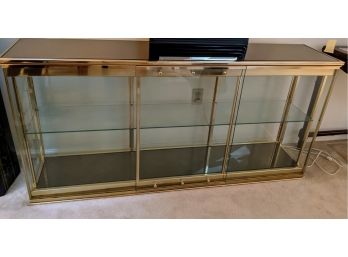 Lighted Brass And Glass Display Cabinet With Mirrored Top