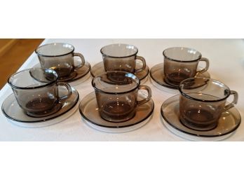 6 Smokey Glass Cups And  Saucers By Eroc