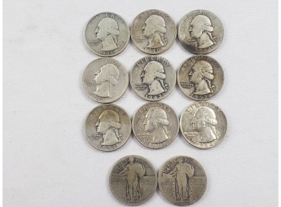 Assortment Of Eleven Vintage US Silver Quarters - Including Two Standing Liberty 1920s Quarters