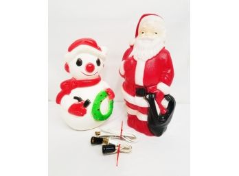 Vintage 1968 Empire Plastic Co Blow Mold Lighted Santa & Union Products Lighted Snowman