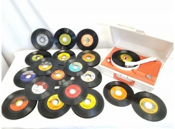 Vintage GE Portable Record Player With Seventy-Two 45rpm Records: The Beatles, CCR, Jackson Five & More