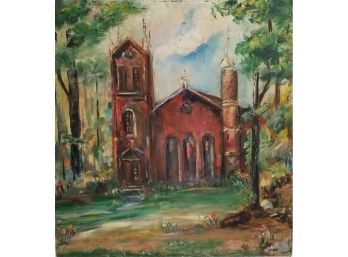 Vintage Canvas Oil Painting Of Church Signed By Artist