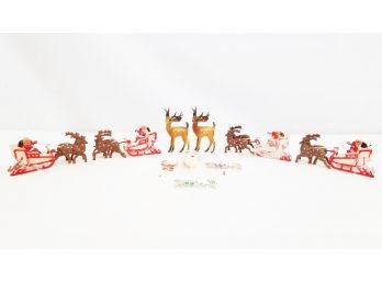 Vintage Miniature Plastic Santa In Sleds & Reindeer - Made In Hong Kong