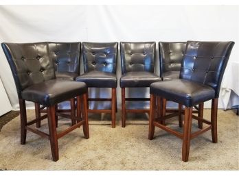 6 Dark Brown Faux Leather & Wood Kitchen Island Chairs