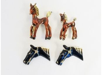 Vintage Black & Gold Tone Horse Head & Brown & Gold Tone Enamel Colt Brooch Pins