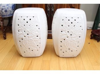 Two Tall White Planter Stands
