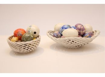 Two Glass Baskets With Assorted Decorative Glass And Candle Eggs