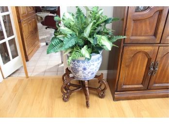 Large Blue And White Vase With Faux Plant & Stand