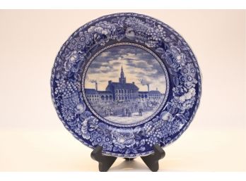 Staffordshire Flow Blue, Blue And White Transferware Plate, Early Image Of Independence Hall
