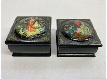 Russian Fairy Tail Hand Painted Small Trinket Boxes - Images With Santa And Frog