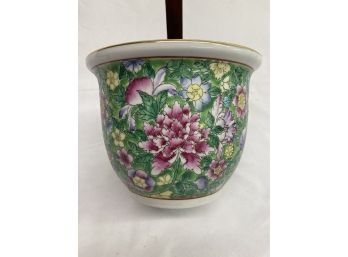 Chinese Green Floral Print Flower Pot With Gold Rim