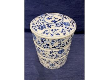 Rare Antique Asian Blue And White  3 Tier Stacking Bowls With Lid