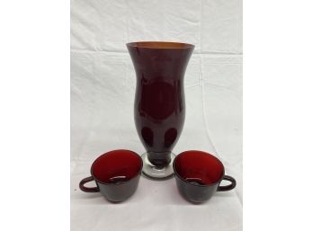 Cranberry Glass Vase & Red Cups