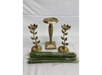 Three Beautiful Candle Stick Holders & Green Candles