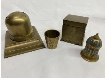 3 Antique Brass Ink Wells And A Small Cup
