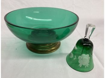 Floral Etched Green Glass Bell And Green Bowl