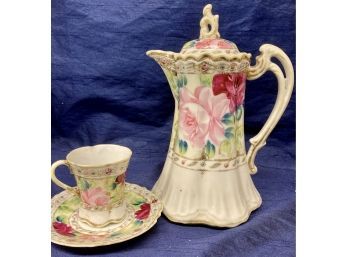 Nippon Hand Painted Roses, Gold Chocolate Coffee Pot With Matching Cup And Saucer