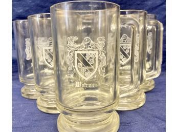 Beautiful Set Of 6 Beer Mugs And 2 Water Glasses With The Warner Crest And Name On Them.
