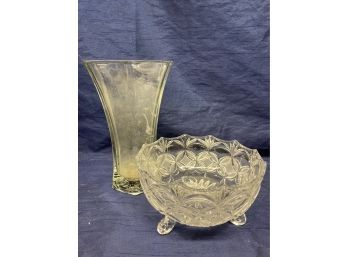 Hoosier Glass Vase & Pretty Glass Bowl With Feet